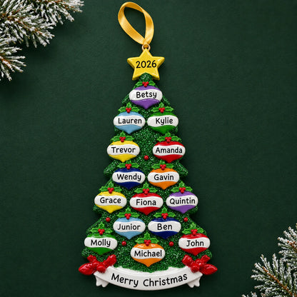Personalized green glitter tree family of 15 christmas ornament on a dark green pine background