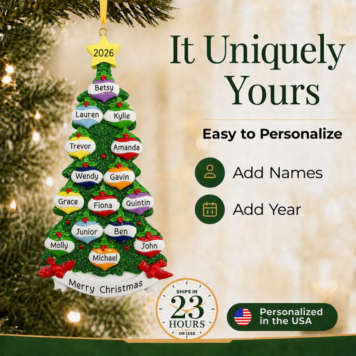 Make it yours: add names and year to the personalized green glitter tree family of 15 christmas ornament