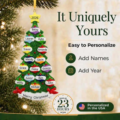 Make it yours: add names and year to the personalized green glitter tree family of 15 christmas ornament