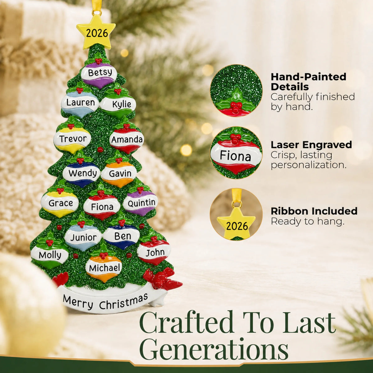Hand-painted, laser engraved green glitter tree family of 15 christmas ornament, ribbon included