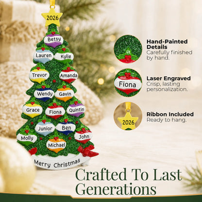 Hand-painted, laser engraved green glitter tree family of 15 christmas ornament, ribbon included
