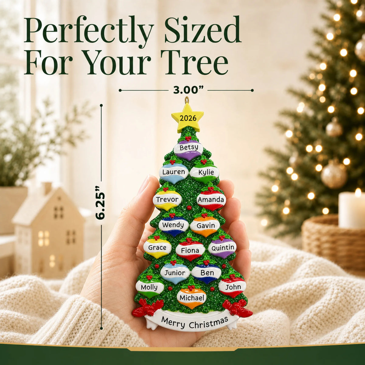 Size guide: the personalized green glitter tree family of 15 christmas ornament shown in hand next to a Christmas tree