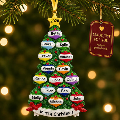 Green glitter tree family of 15 christmas ornament hanging on a lit Christmas tree with a Made Just For You gift tag