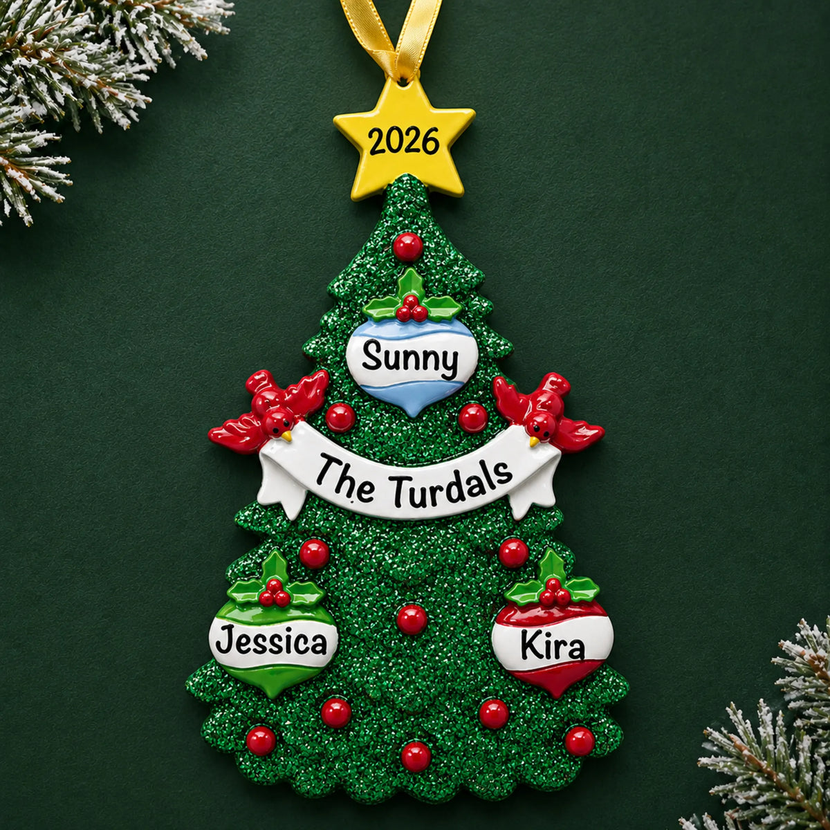 Personalized green glitter tree family of 3 christmas ornament on a dark green pine background