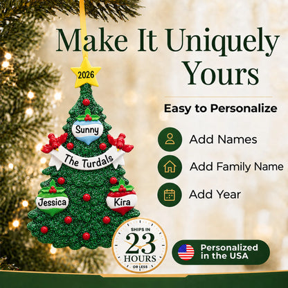 Make it yours: add names and year to the personalized green glitter tree family of 3 christmas ornament