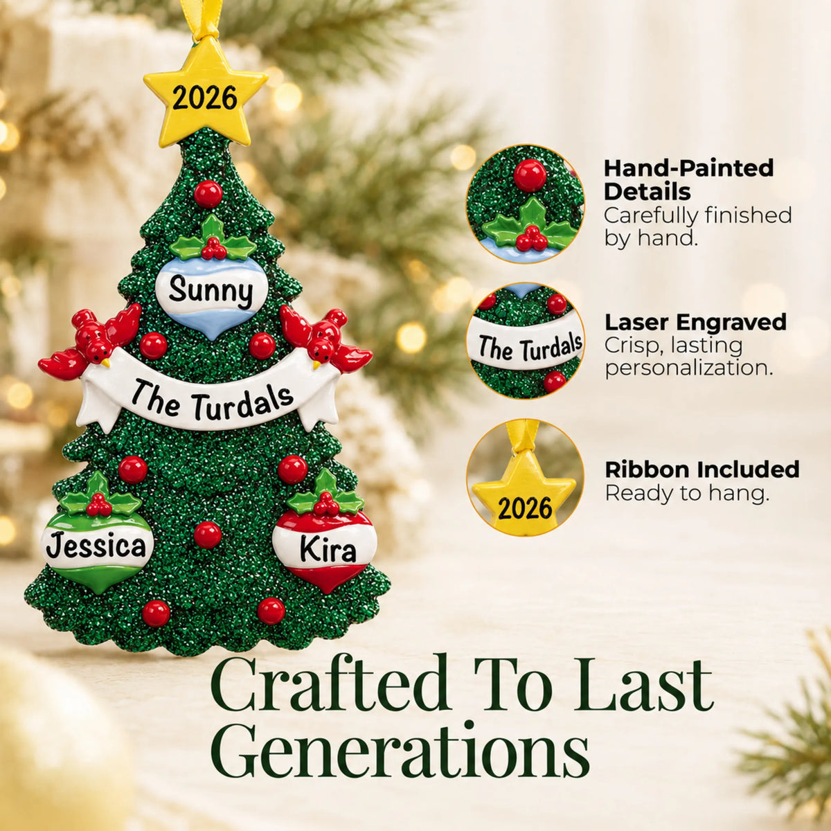 Hand-painted, laser engraved green glitter tree family of 3 christmas ornament, ribbon included