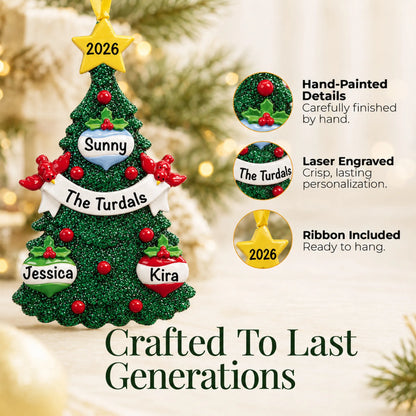 Hand-painted, laser engraved green glitter tree family of 3 christmas ornament, ribbon included