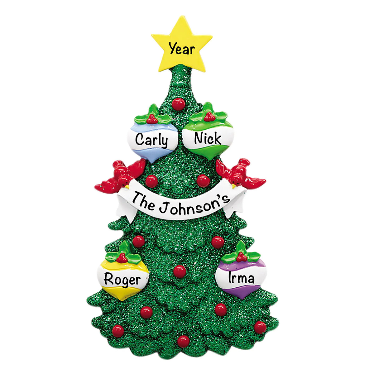 Personalized green glitter tree family of 4 Christmas ornament with names on ornaments and the family name