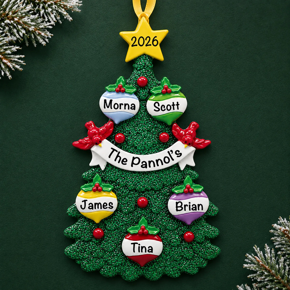 Personalized green glitter tree family of 5 christmas ornament on a dark green pine background