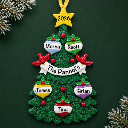 Personalized green glitter tree family of 5 christmas ornament on a dark green pine background