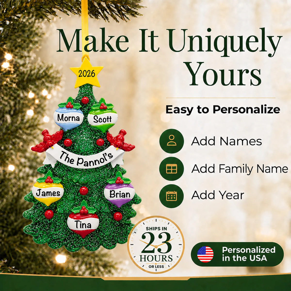 Make it yours: add names and year to the personalized green glitter tree family of 5 christmas ornament