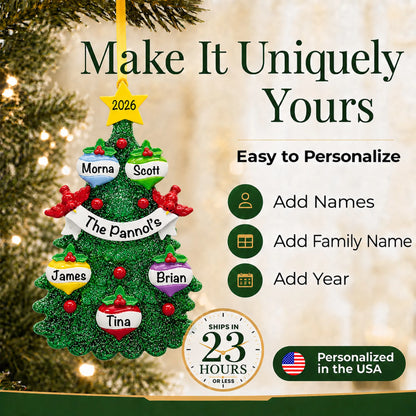 Make it yours: add names and year to the personalized green glitter tree family of 5 christmas ornament