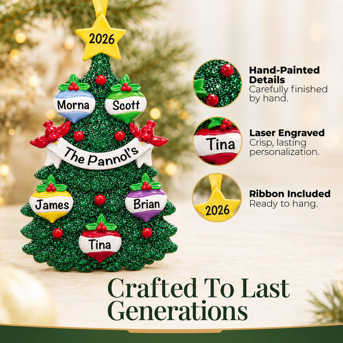 Hand-painted, laser engraved green glitter tree family of 5 christmas ornament, ribbon included