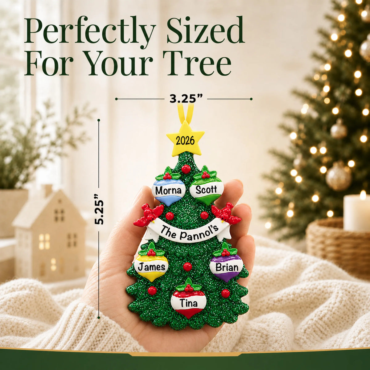 Size guide: the personalized green glitter tree family of 5 christmas ornament is 3.25 in wide by 5.25 in tall, shown in hand