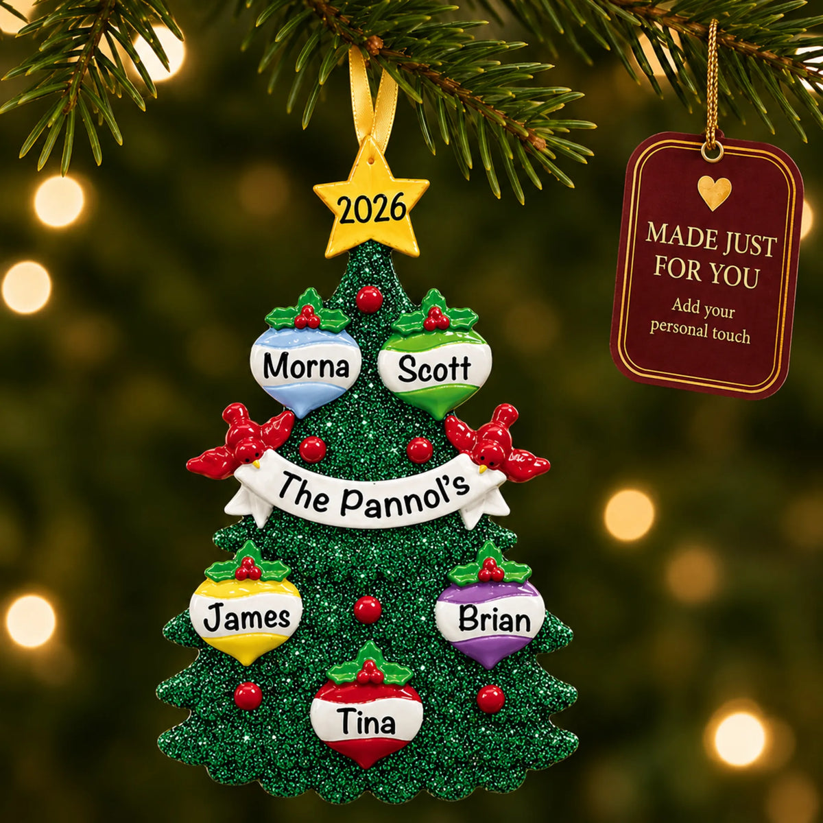 Green glitter tree family of 5 christmas ornament hanging on a lit Christmas tree with a Made Just For You gift tag