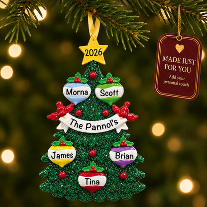 Green glitter tree family of 5 christmas ornament hanging on a lit Christmas tree with a Made Just For You gift tag