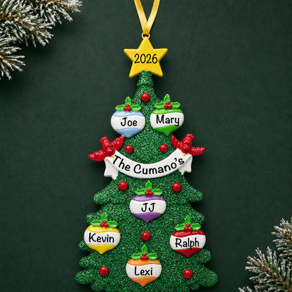 Personalized green glitter tree family of 6 christmas ornament on a dark green pine background