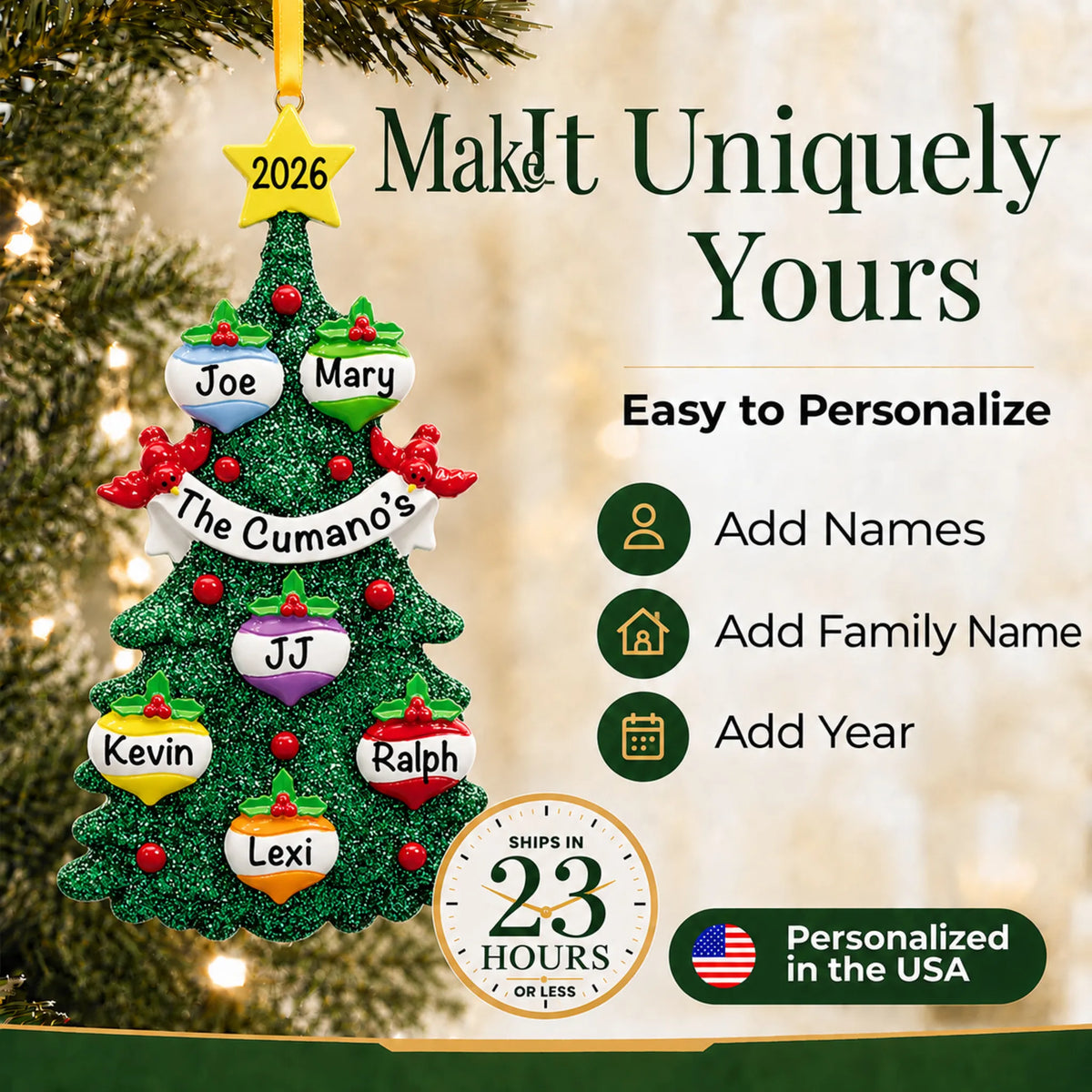 Make it yours: add names and year to the personalized green glitter tree family of 6 christmas ornament