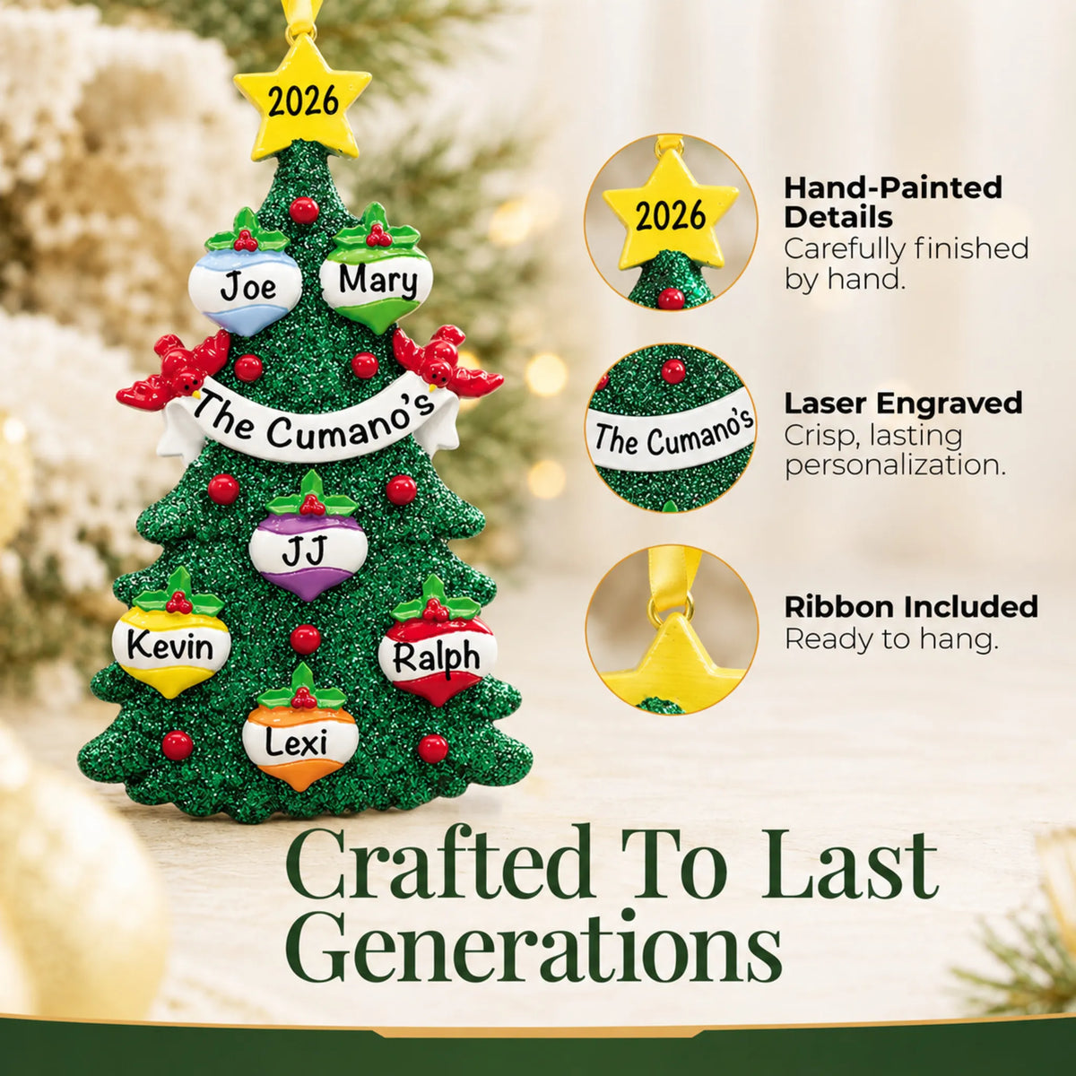 Hand-painted, laser engraved green glitter tree family of 6 christmas ornament, ribbon included