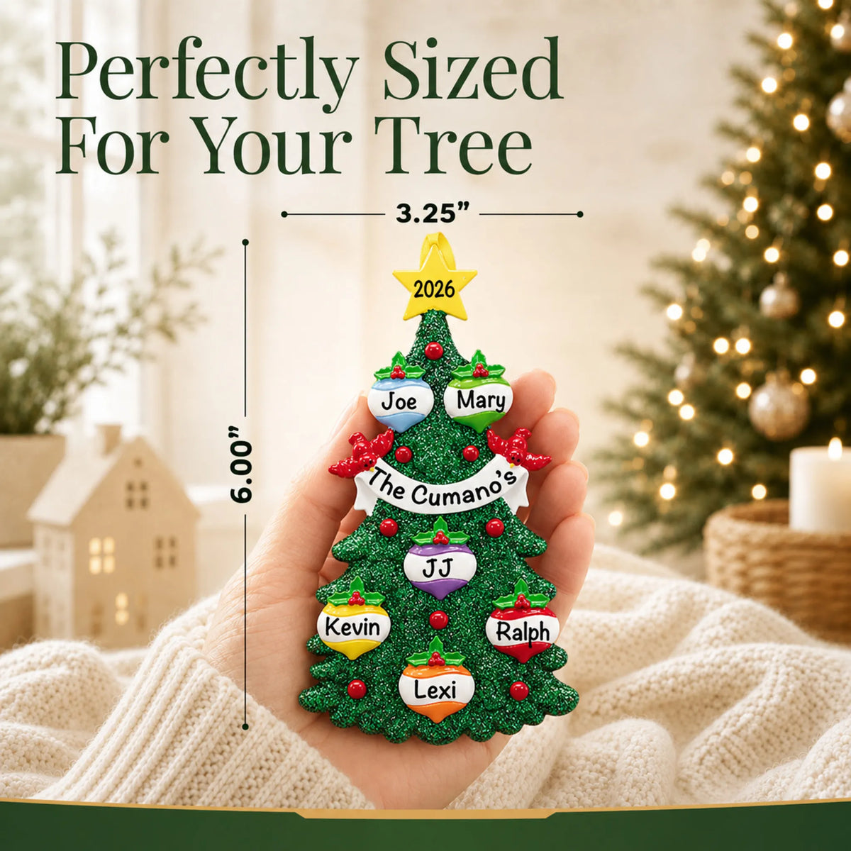 Size guide: the personalized green glitter tree family of 6 christmas ornament is 3.25 in wide by 6.00 in tall, shown in hand