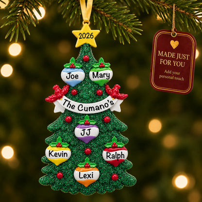 Green glitter tree family of 6 christmas ornament hanging on a lit Christmas tree with a Made Just For You gift tag