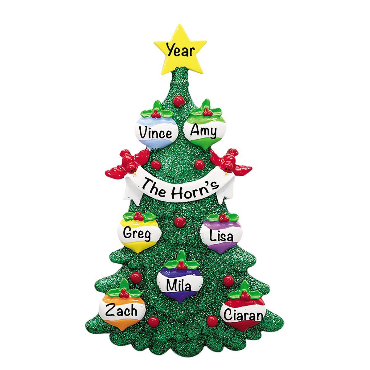Personalized green glitter tree family of 7 Christmas ornament with seven names, the family name and year