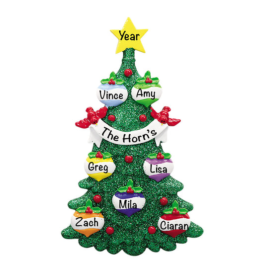 Personalized green glitter tree family of 7 Christmas ornament with seven names, the family name and year