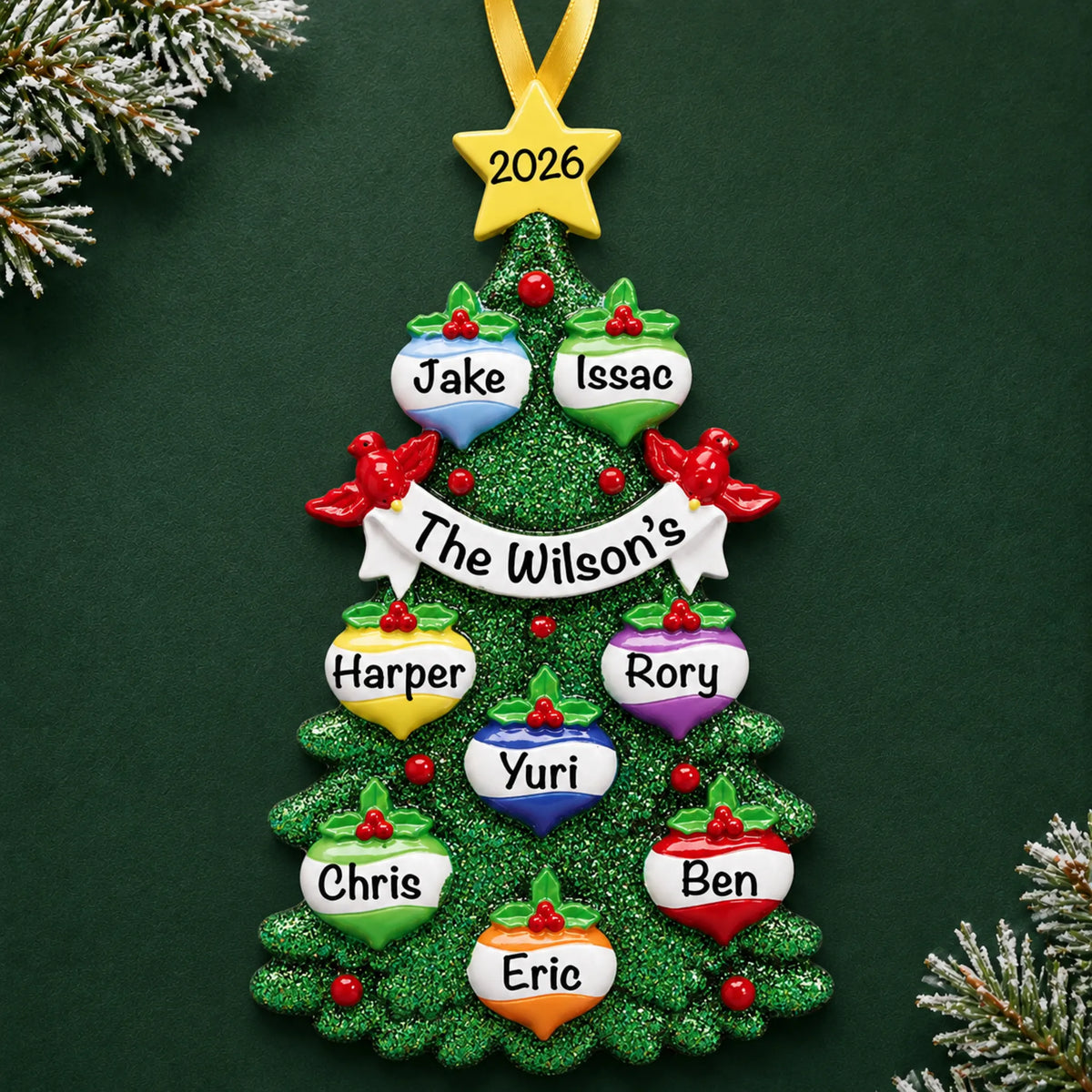 Personalized green glitter tree family of 8 christmas ornament on a dark green pine background