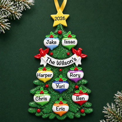Personalized green glitter tree family of 8 christmas ornament on a dark green pine background
