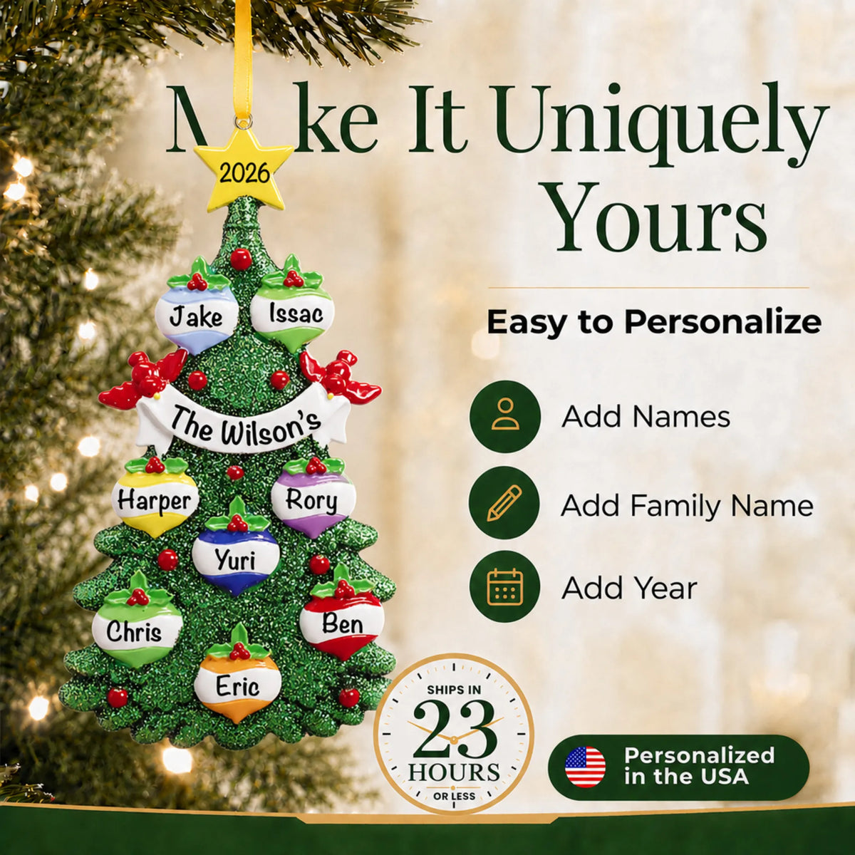 Make it yours: add names and year to the personalized green glitter tree family of 8 christmas ornament