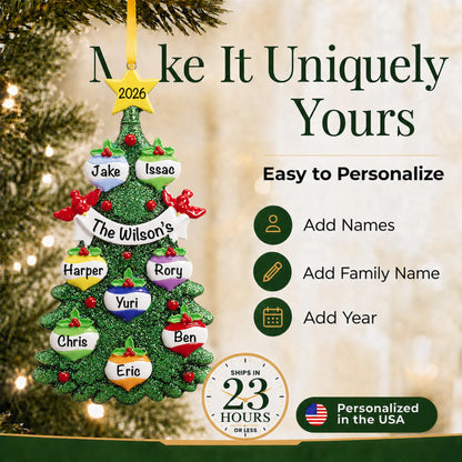 Make it yours: add names and year to the personalized green glitter tree family of 8 christmas ornament