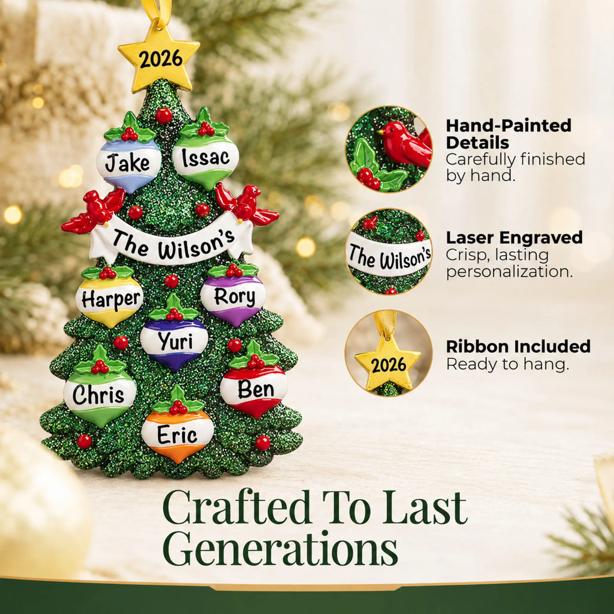 Hand-painted, laser engraved green glitter tree family of 8 christmas ornament, ribbon included