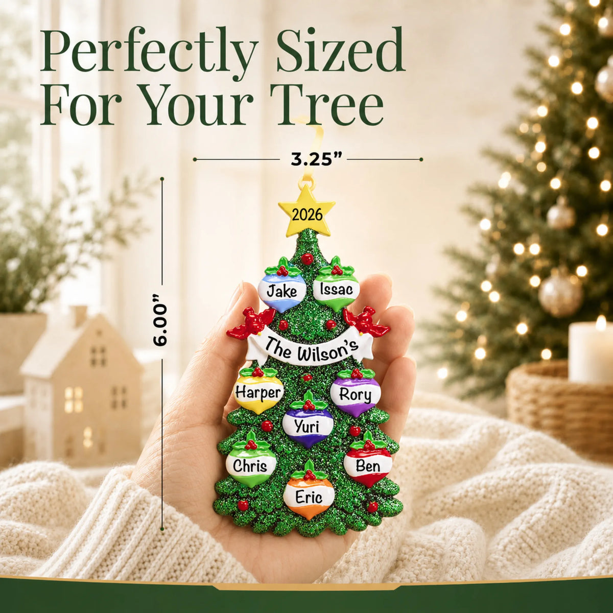 Size guide: the personalized green glitter tree family of 8 christmas ornament is 3.25 in wide by 6.00 in tall, shown in hand