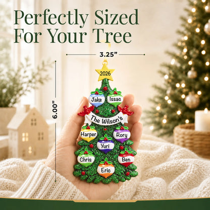 Size guide: the personalized green glitter tree family of 8 christmas ornament is 3.25 in wide by 6.00 in tall, shown in hand