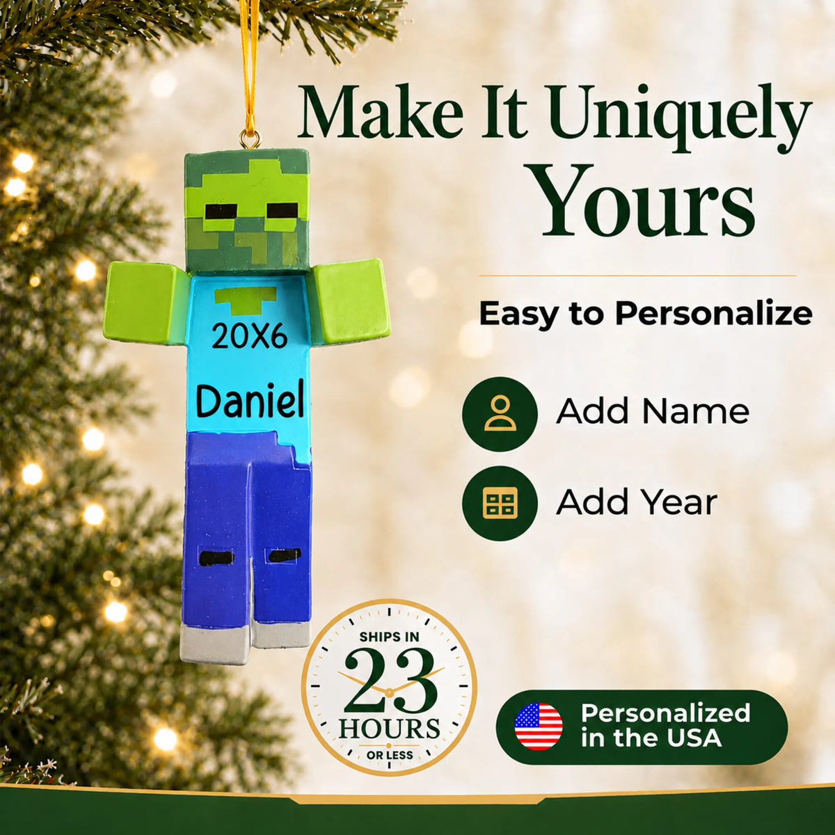 Make it yours: add name and year to the personalized 3d blocky video game zombie christmas ornament