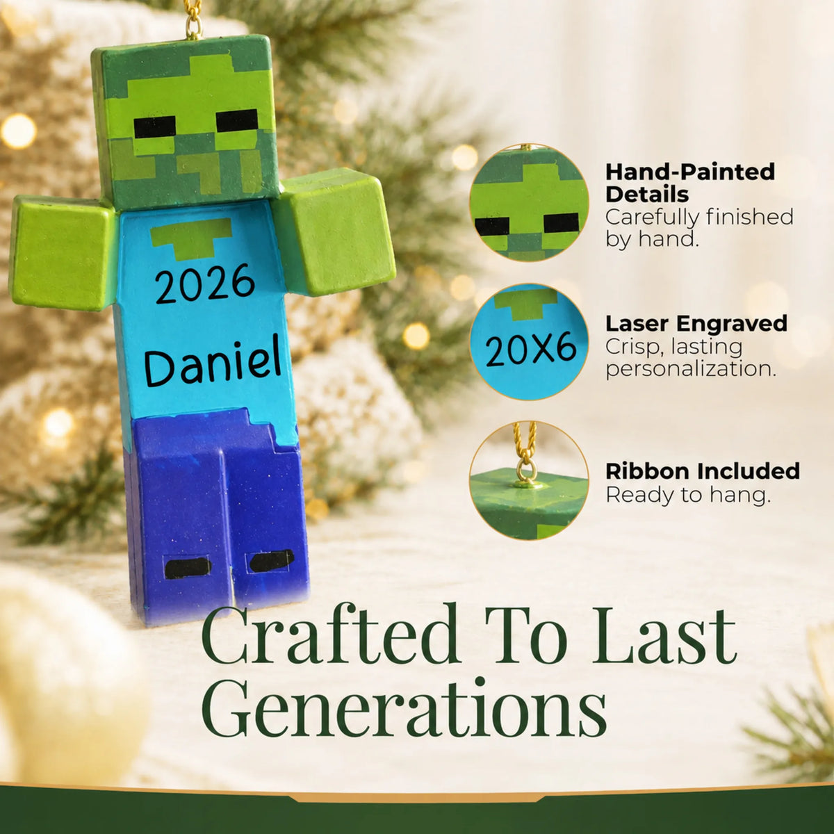 Hand-painted, laser engraved 3d blocky video game zombie christmas ornament, ribbon included