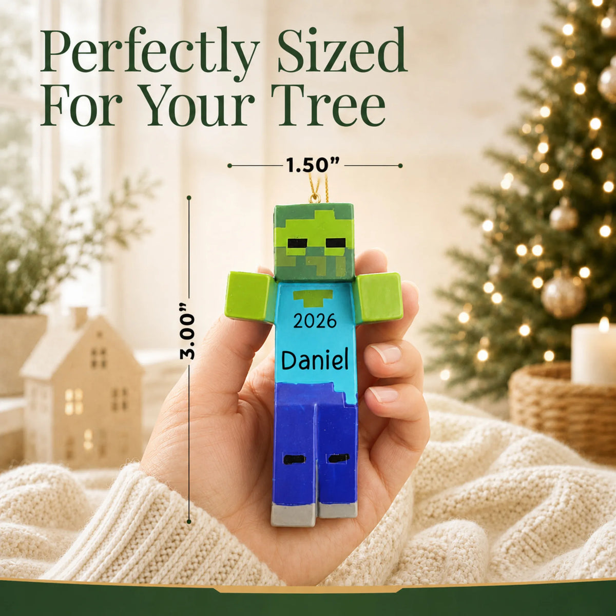 Size guide: the personalized 3d blocky video game zombie christmas ornament is 1.50 in wide by 3.00 in tall, shown in hand