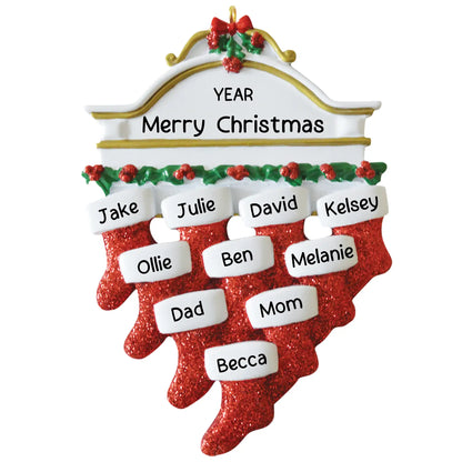 Red Stockings Family of 10 Christmas Ornament