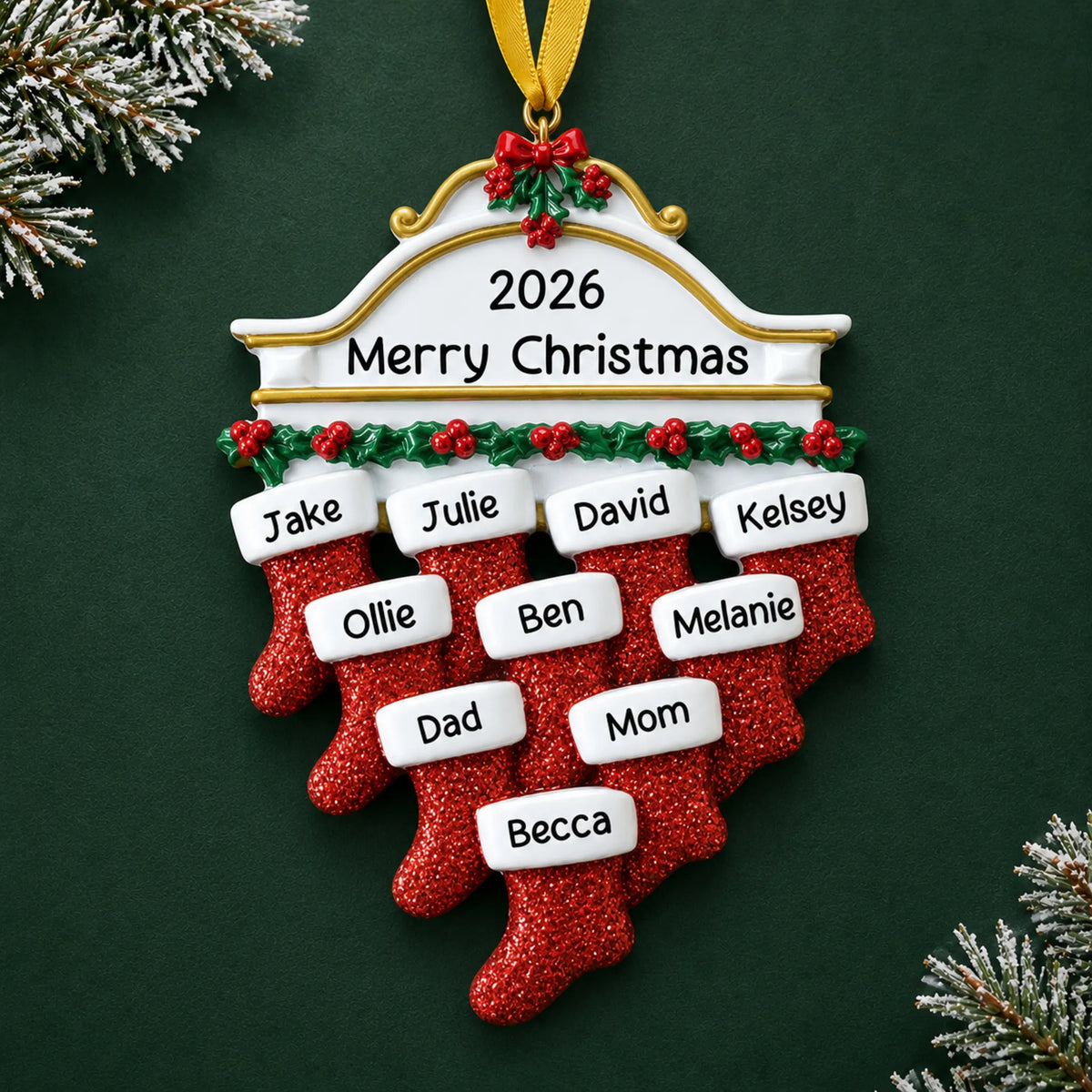 Personalized red stockings family of 10 christmas ornament on a dark green pine background
