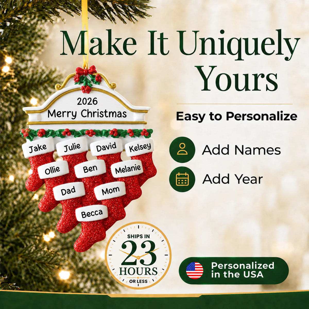 Make it yours: add names and year to the personalized red stockings family of 10 christmas ornament