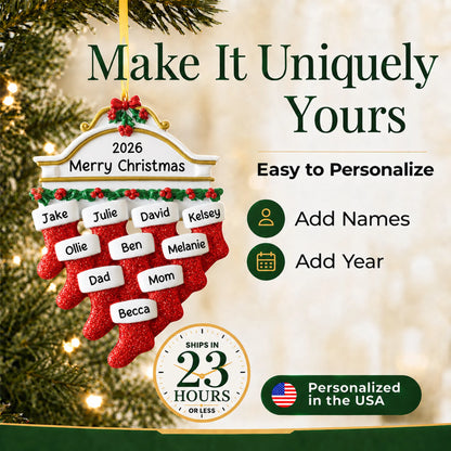 Make it yours: add names and year to the personalized red stockings family of 10 christmas ornament