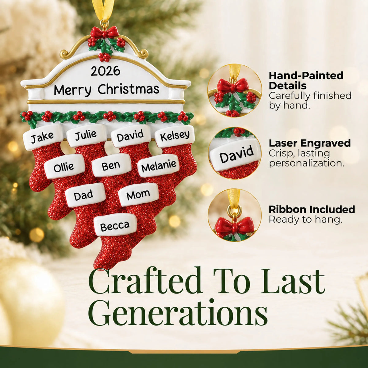 Hand-painted details and laser engraved personalization on the red stockings family of 10 christmas ornament, ribbon included