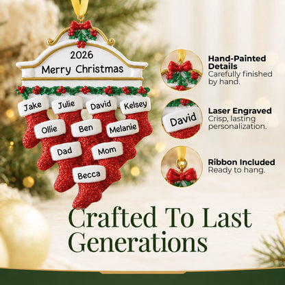 Hand-painted details and laser engraved personalization on the red stockings family of 10 christmas ornament, ribbon included