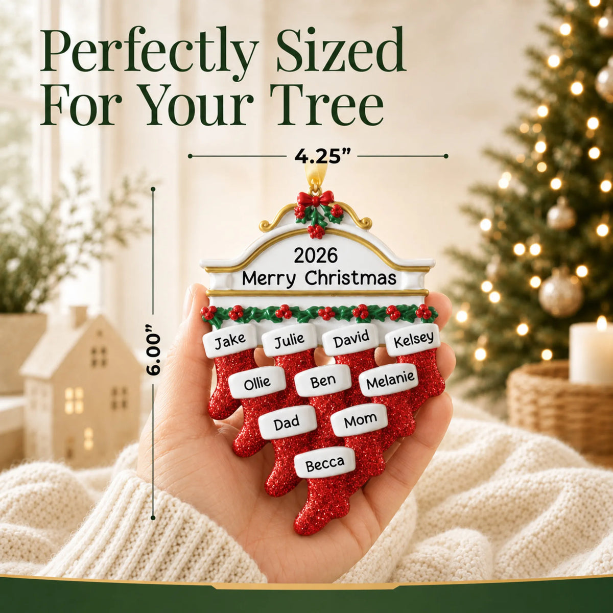 Size guide: the personalized red stockings family of 10 christmas ornament is 4.25 in wide by 6.00 in tall, shown in hand