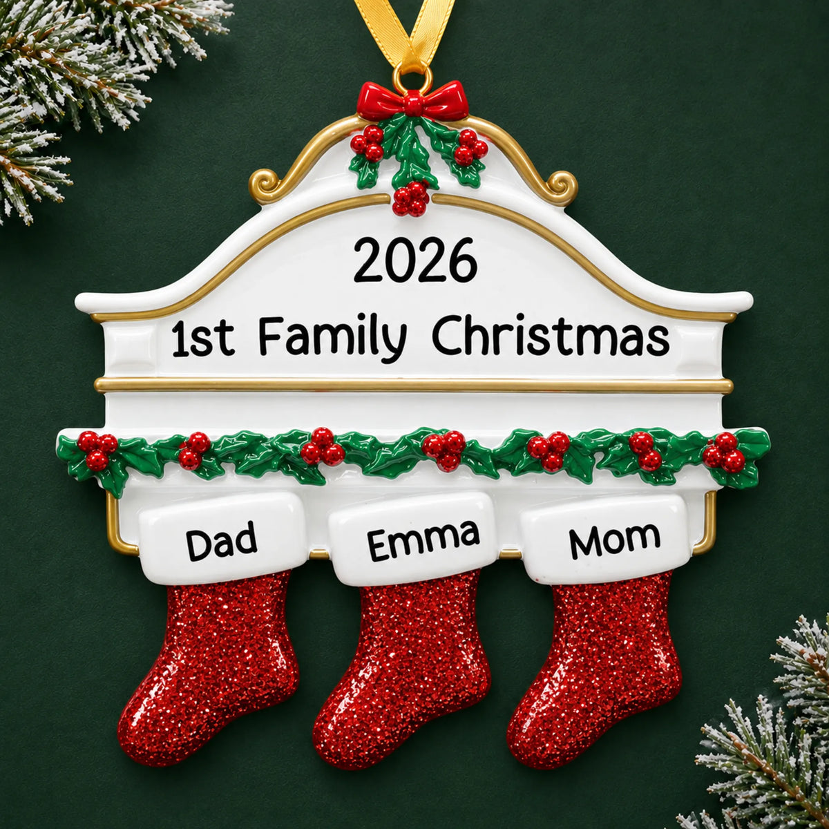 Personalized red stockings family of 3 christmas ornament on a dark green pine background