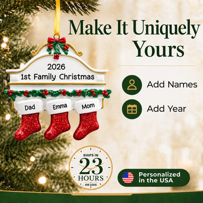 Make it yours: add names and year to the personalized red stockings family of 3 christmas ornament