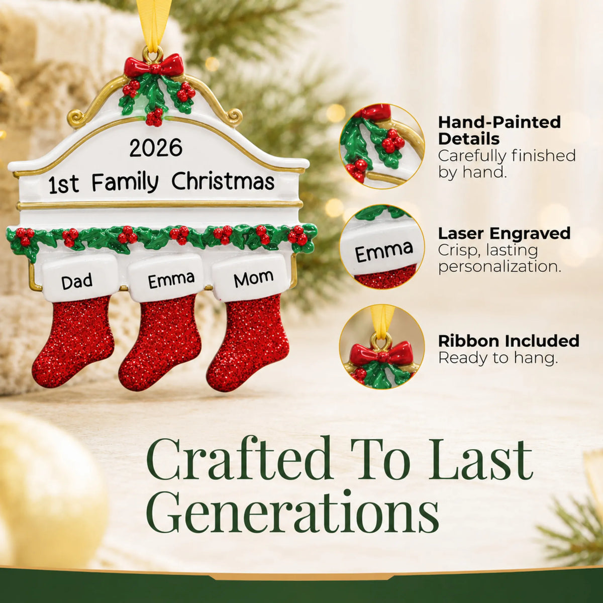 Hand-painted details and laser engraved personalization on the red stockings family of 3 christmas ornament, ribbon included