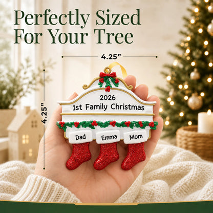 Size guide: the personalized red stockings family of 3 christmas ornament is 4.25 in wide by 4.25 in tall, shown in hand