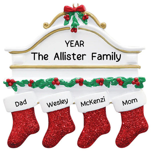 Red Stockings Family of 4 Christmas Ornament