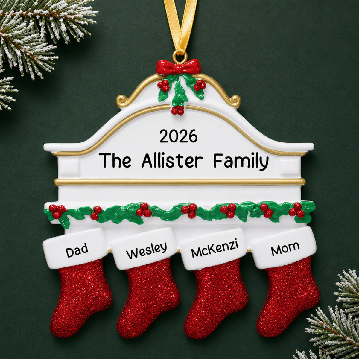 Personalized red stockings family of 4 christmas ornament on a dark green pine background